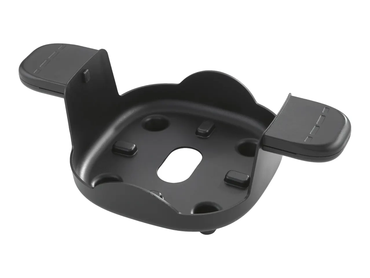 Black plastic wall mount or stand for a small electronic device, with a central opening.