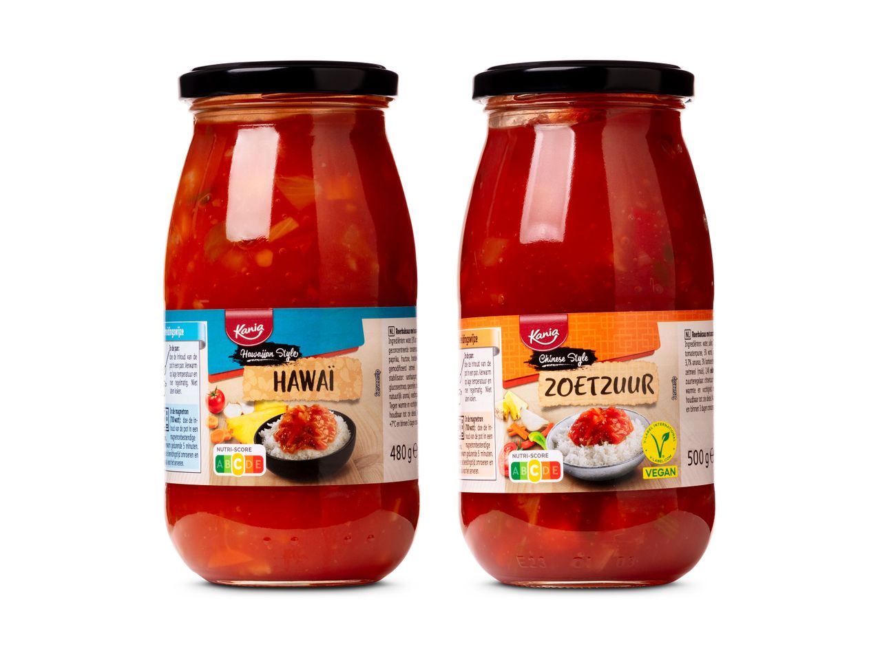 Twee potten Kanig: Hawaiiaanse en Chinese zoetzure saus, vegan.