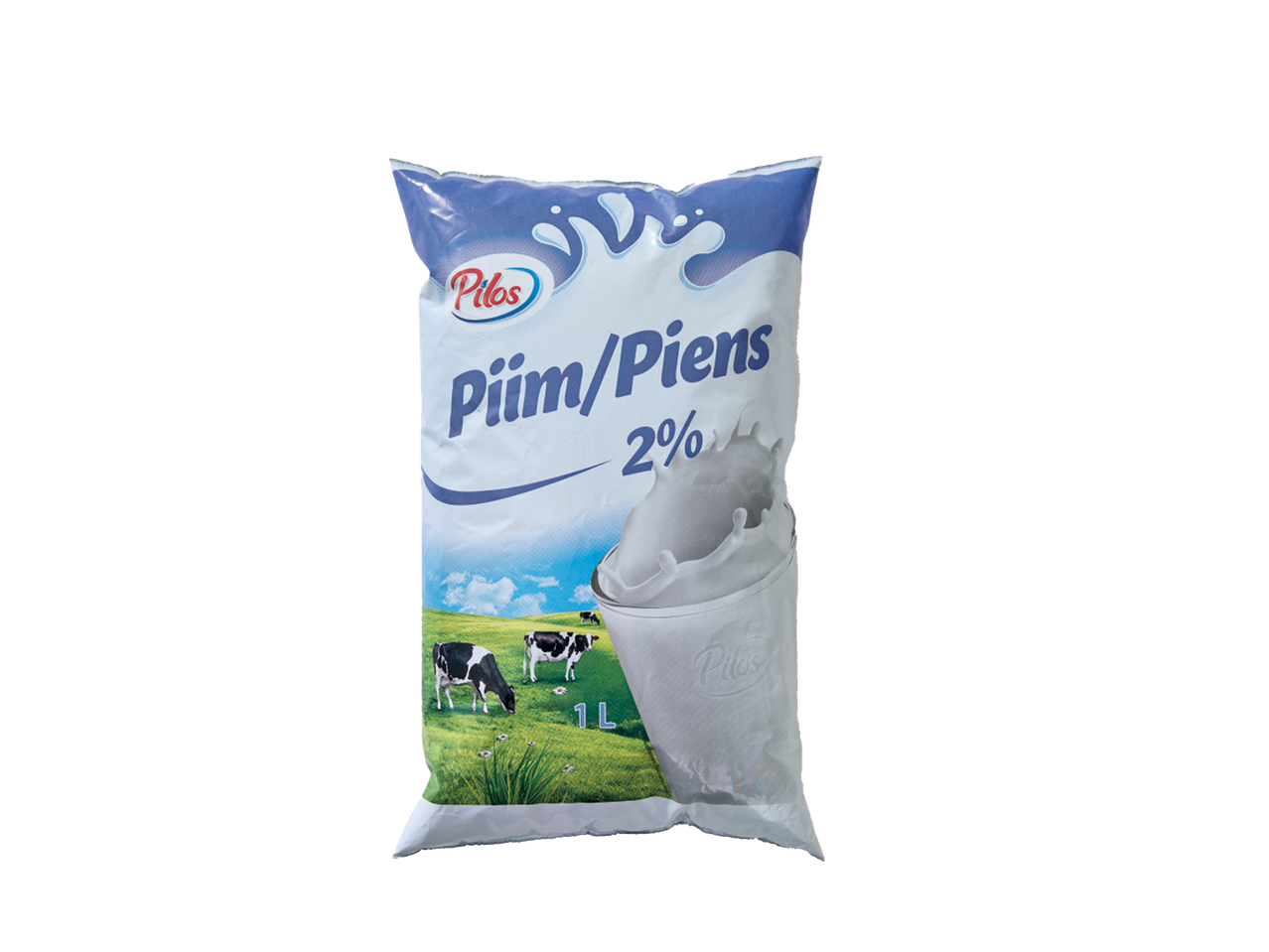Piena Pilos 2% iepakojums ar govīm ganībās, 1 litrs.