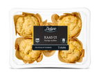 Verpakking met 5 hartige kaas-ui muffins, klaar om thuis af te bakken.