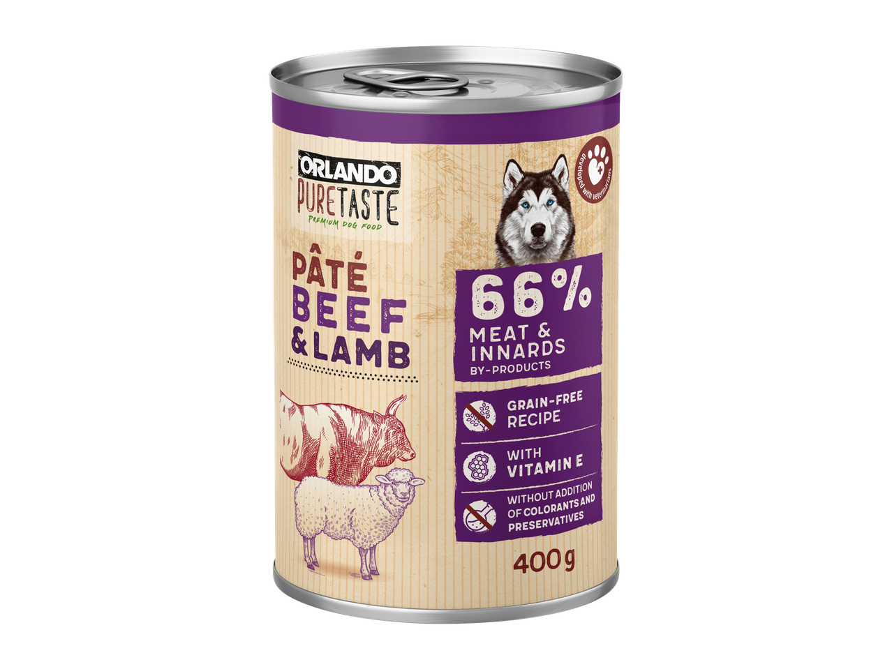 Orlando Pure Taste kutyaeledel konzerv marhával és báránnyal, 400g.