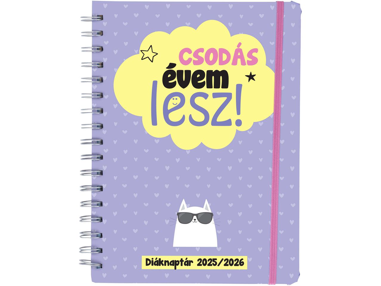 Lila diáknaptár 2025/2026-ra, „Csodás évem lesz!” felirattal és macska illusztrációval.
