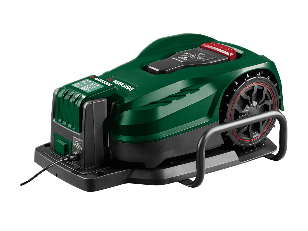 Vihreä robottiruohonleikkuri latausasemassaan, jossa on musta ohjauspaneeli ja punainen pysäytyspainike.