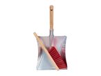 A metal dustpan with a wooden handle and a red brush with a wooden handle.