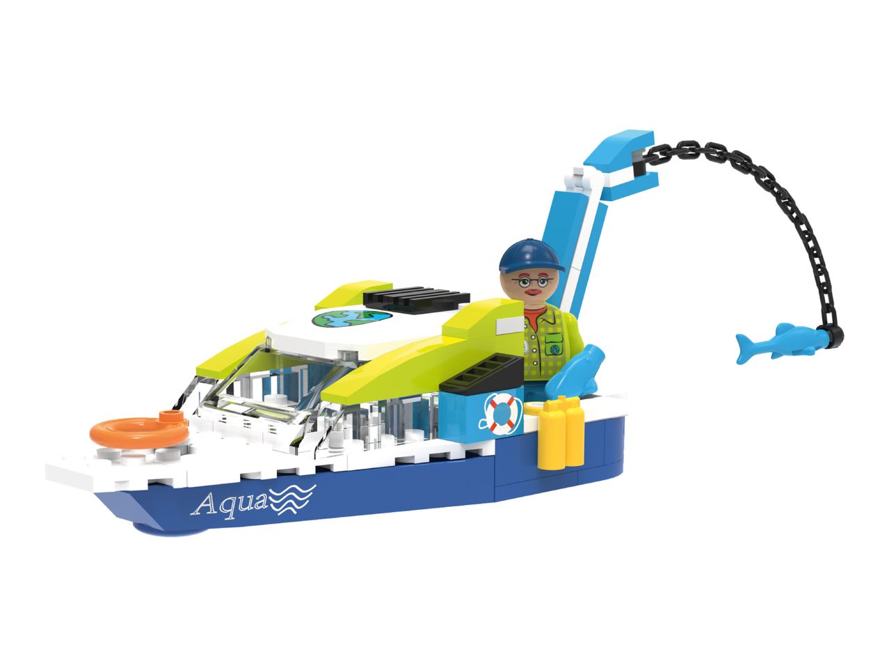 Toy boat with a minifigure, fishing for a blue fish, with 'Aqua' written on the side.