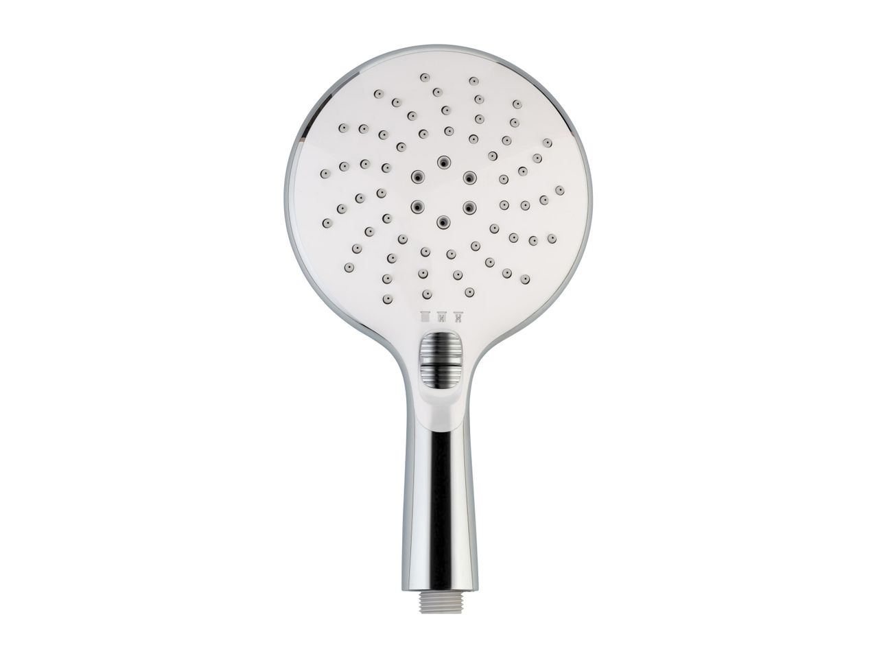 A chrome-finished handheld shower head with a circular spray face.