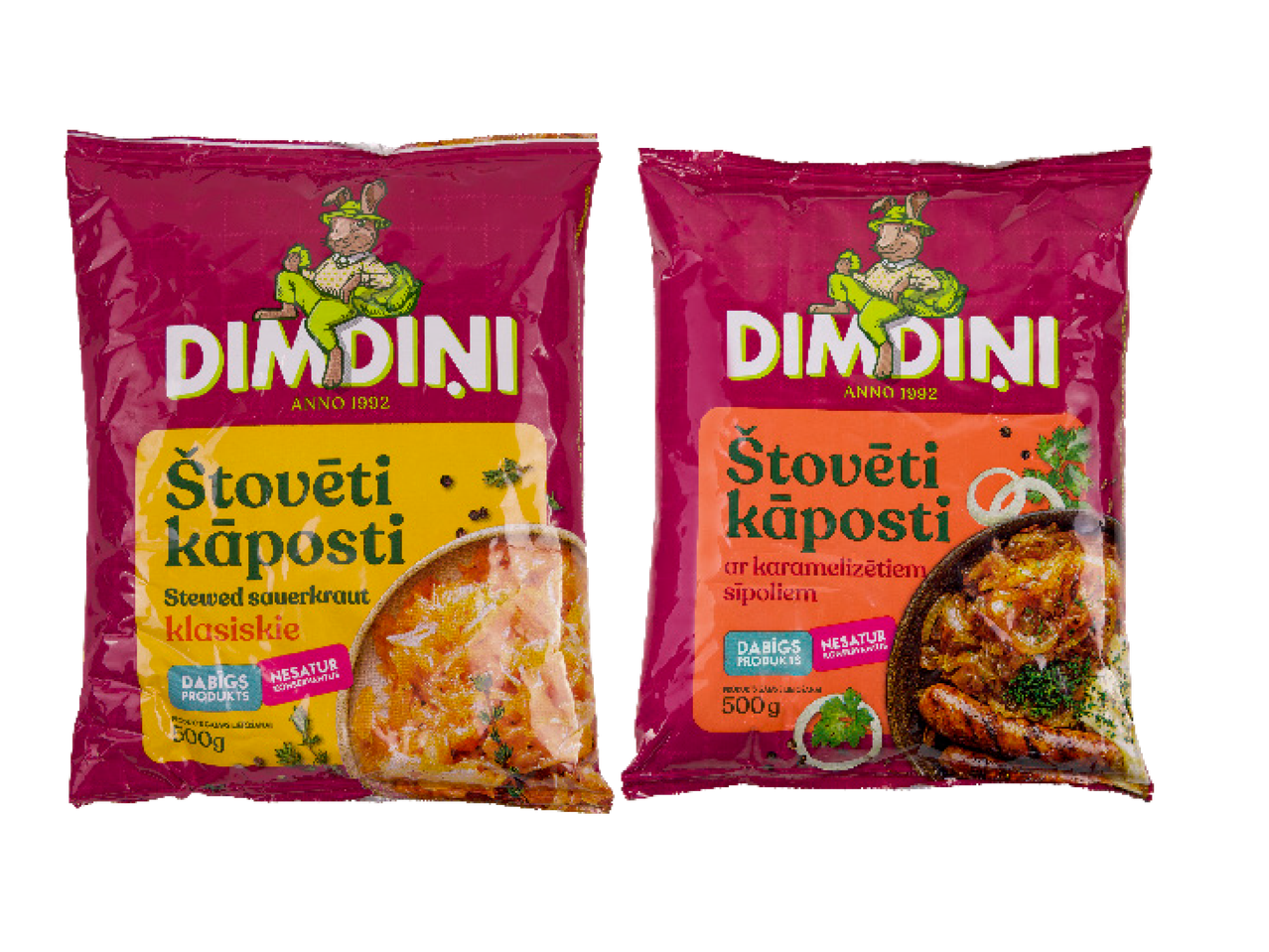 Divi Dimdini sautētu kāpostu iepakojumi: klasiskie un ar karamelizētiem sīpoliem.