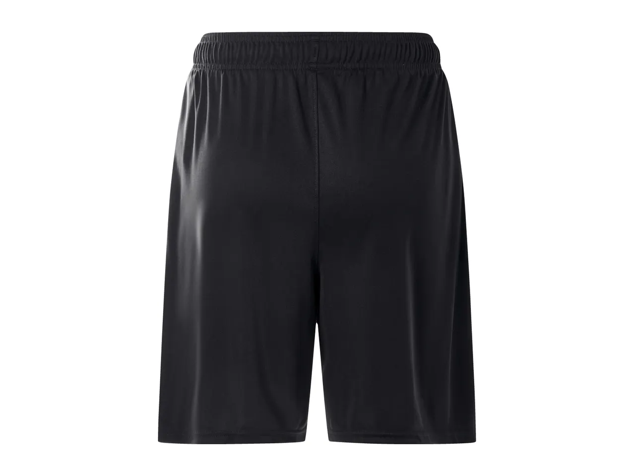 Black men's sports shorts with an elastic waistband, back view.