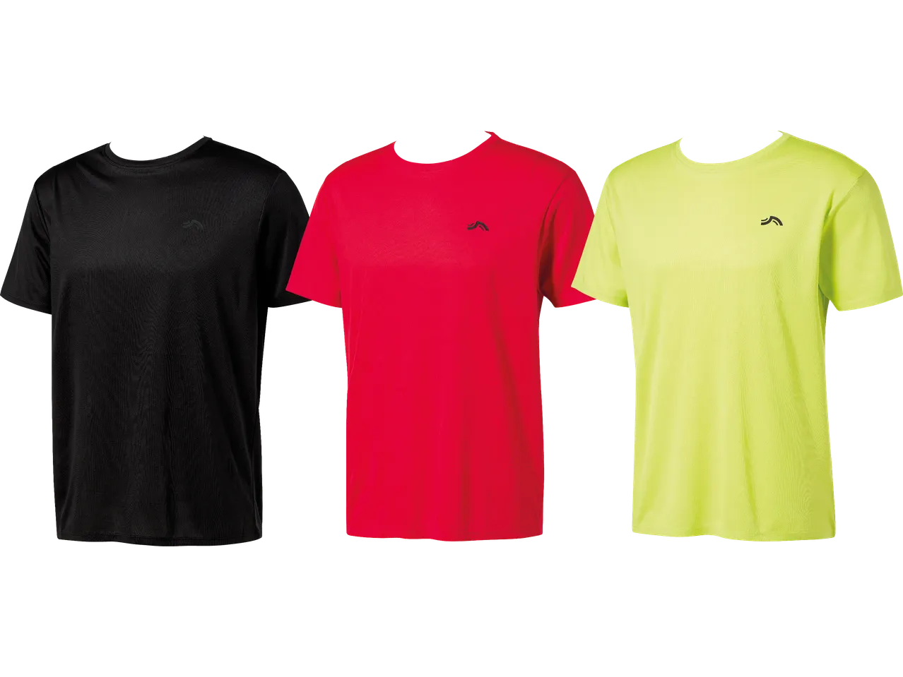 Tre kortärmade t-shirts i svart, rött och gult.