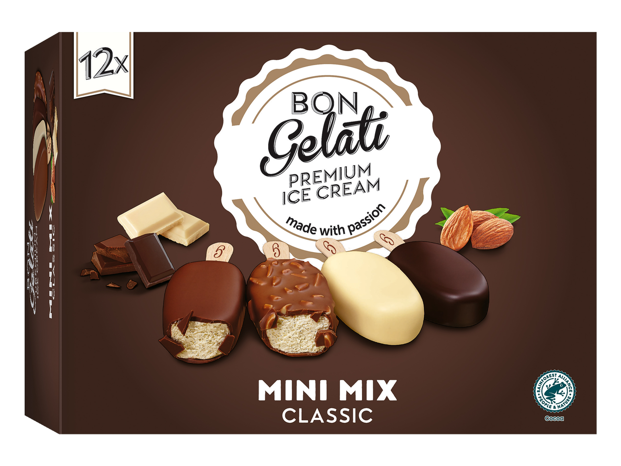 12 Bon Gelati Mini Mix Classic ijsjes: chocolade, amandel, witte chocolade.