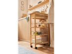 Un chariot de cuisine en bambou avec rangement pour les provisions.