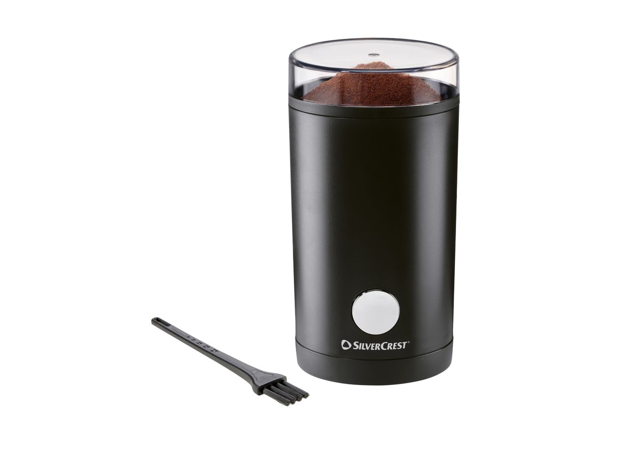 Silvercrest coffee grinder with ground coffee and a cleaning brush.