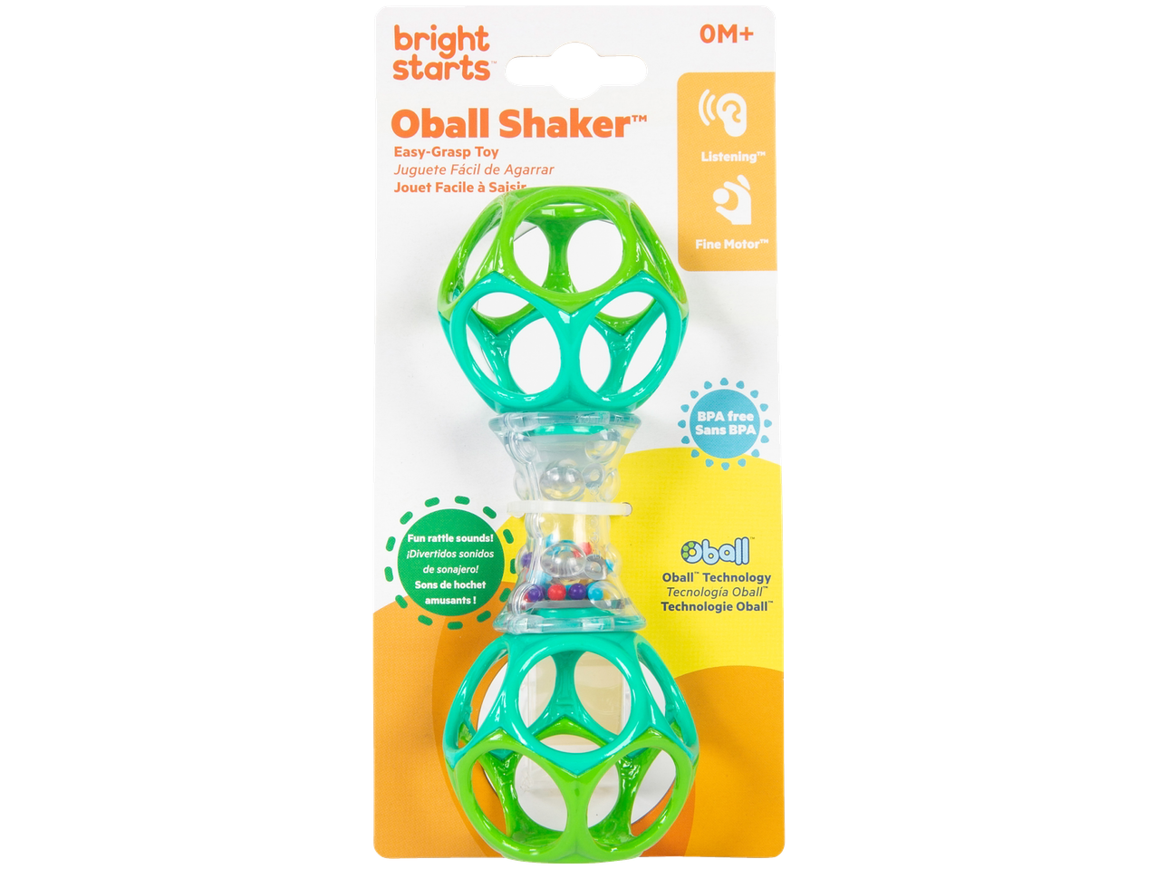 Green and teal easy-grasp shaker toy with rattle sounds, suitable for 0M+ for listening and fine motor skills.