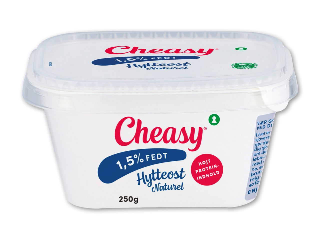 Cheasy hytteost naturel med 1,5% fedt og højt proteinindhold i en 250g beholder.