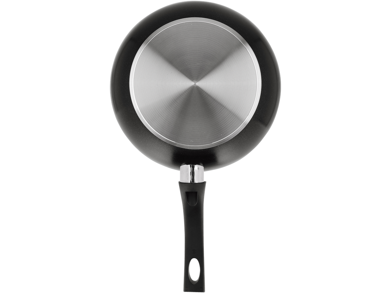 A black frying pan with a stainless steel bottom and a black handle.