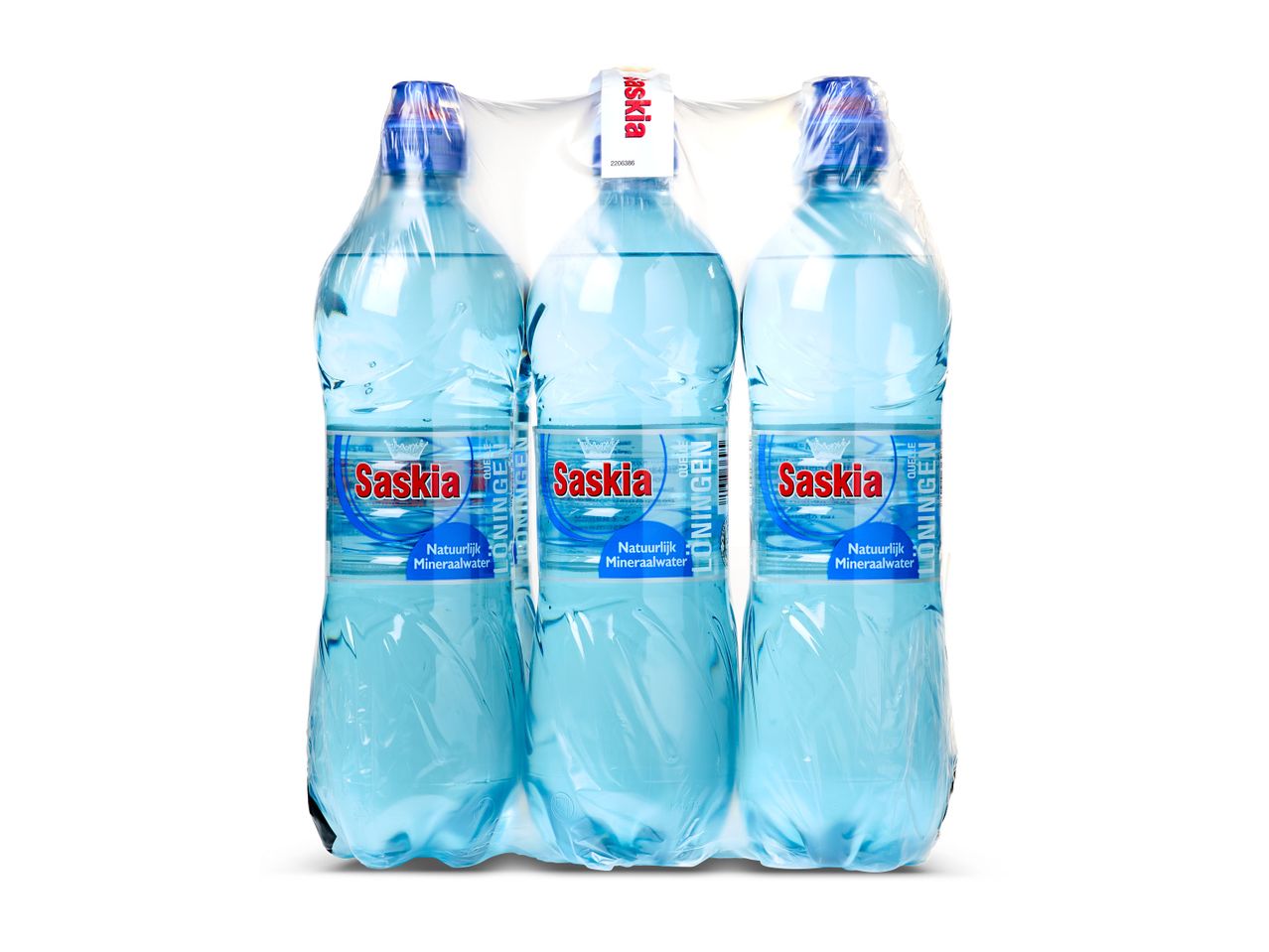 Drie flessen Saskia mineraalwater.