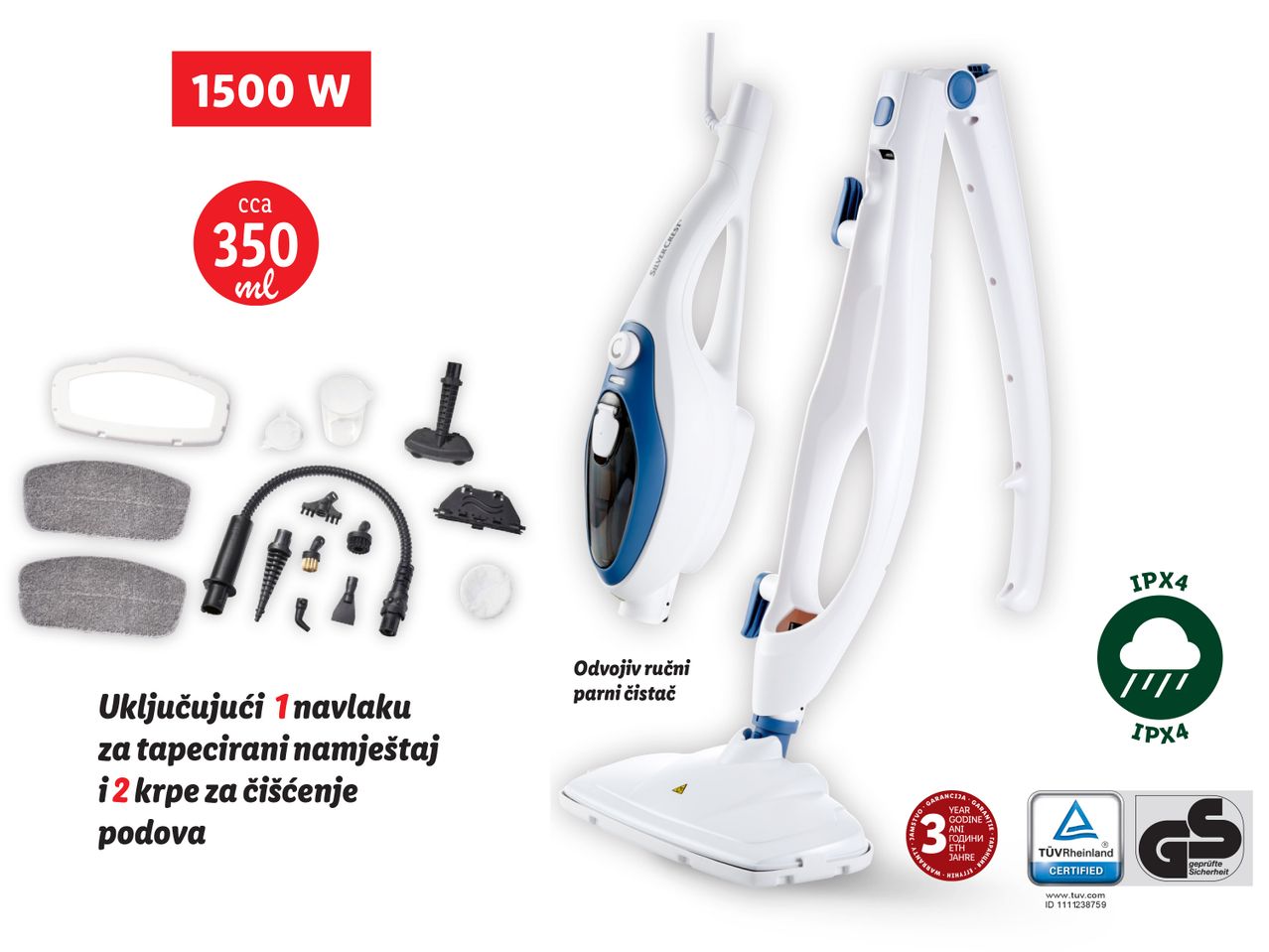 Snažni 1500 W usisavač s parom za čišćenje.