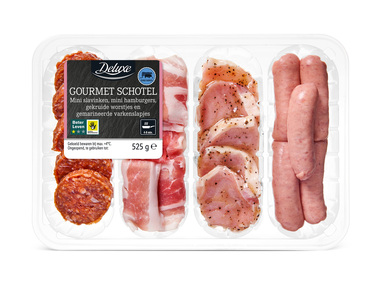 Gourmet schotel met mini slavinken, mini hamburgers, gekruide worstjes en gemarineerde varkenslapjes.