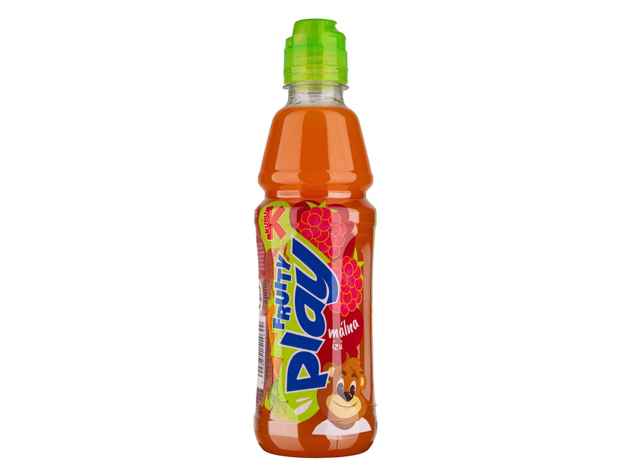 Fruity Play málna ízű ital egy átlátszó palackban, zöld kupakkal.