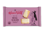 Lilla indpakning med romkager og en tegnet kvinde, der holder en kage.
