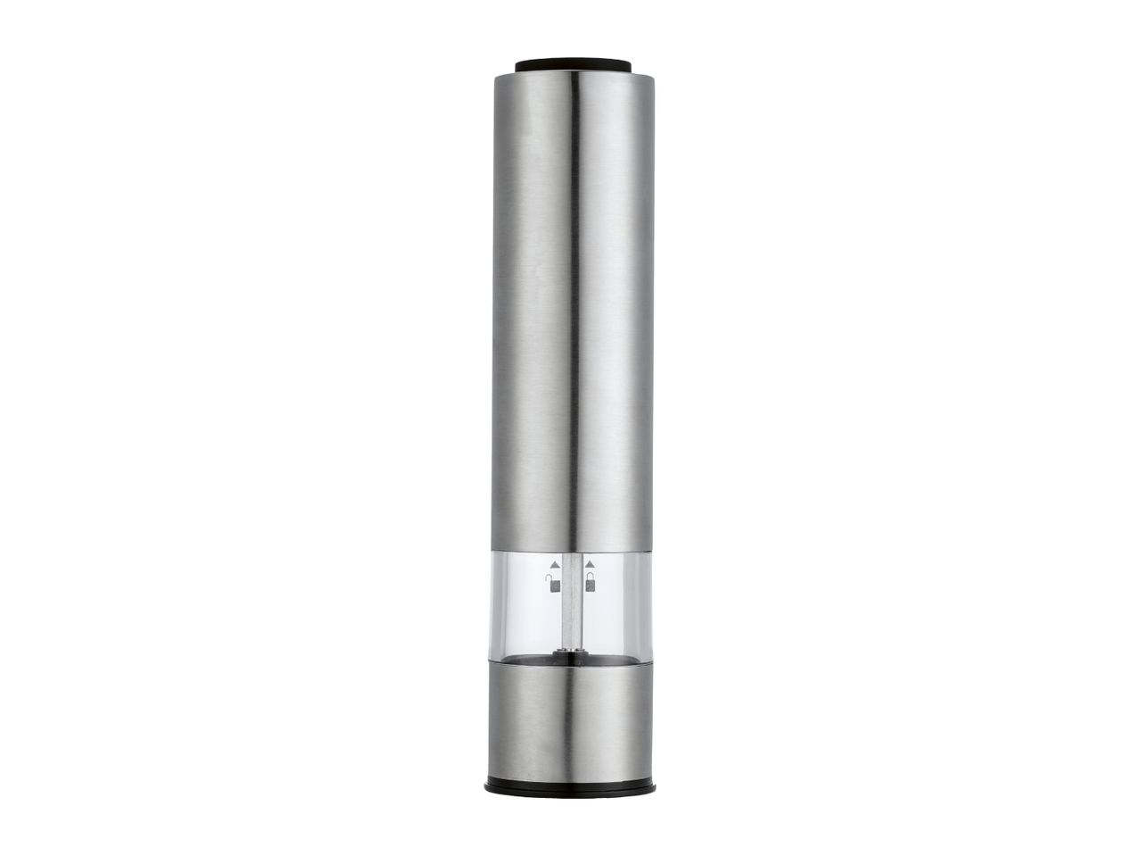 Stainless steel electric salt and pepper grinder with a clear viewing window.
