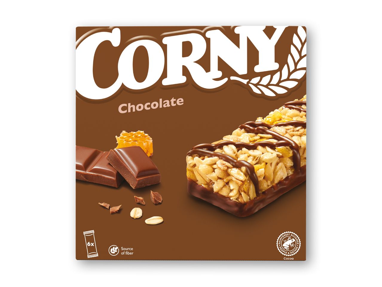Cornys chokolade müslibarer med honning og havre.