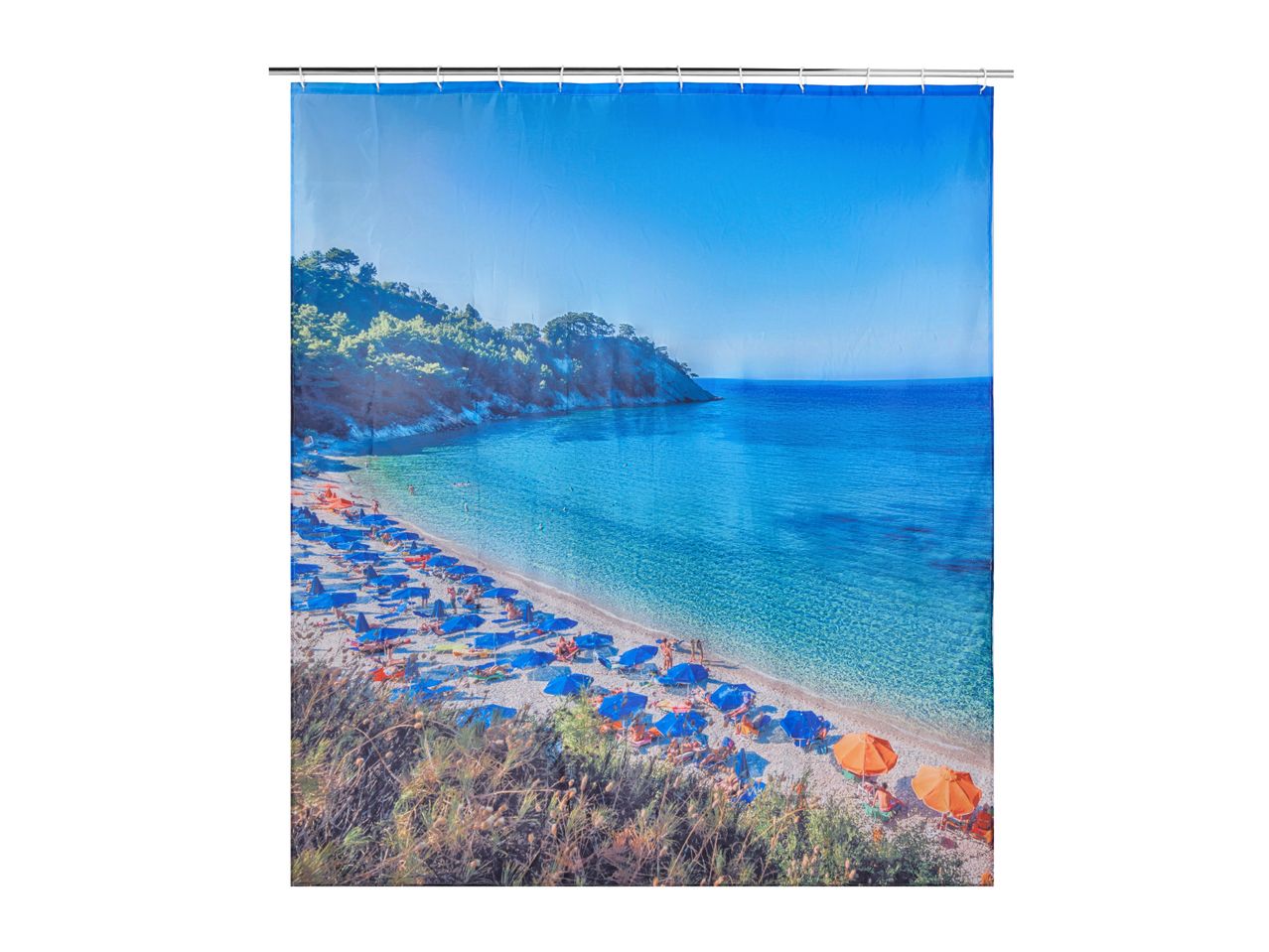 Shower curtain with a vibrant beach scene featuring blue and orange umbrellas.