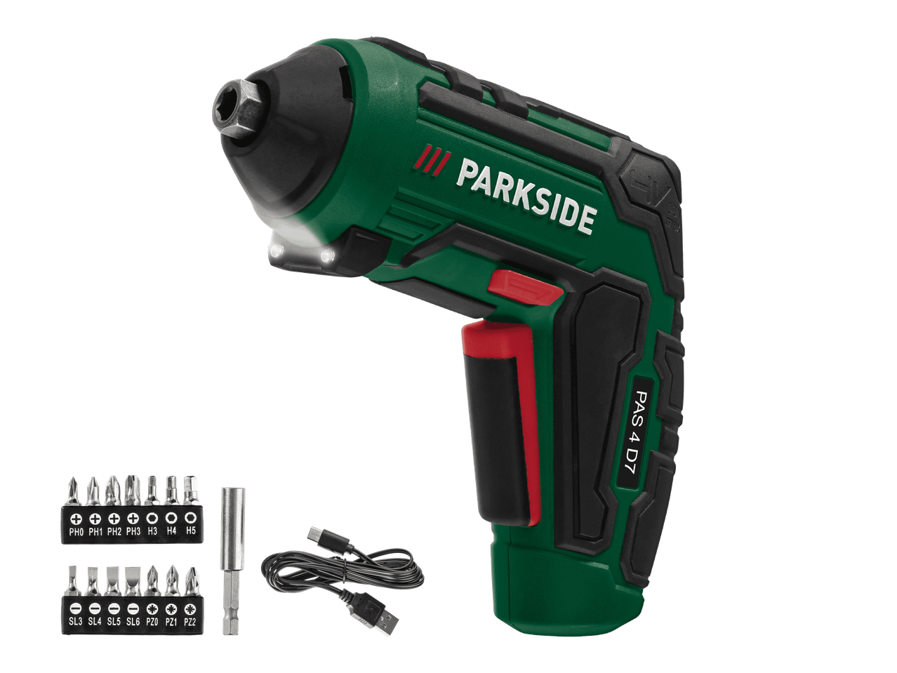 Parkside PAS 4 D7 -akkuporakone ja sen mukana tulevat lisäosat.
