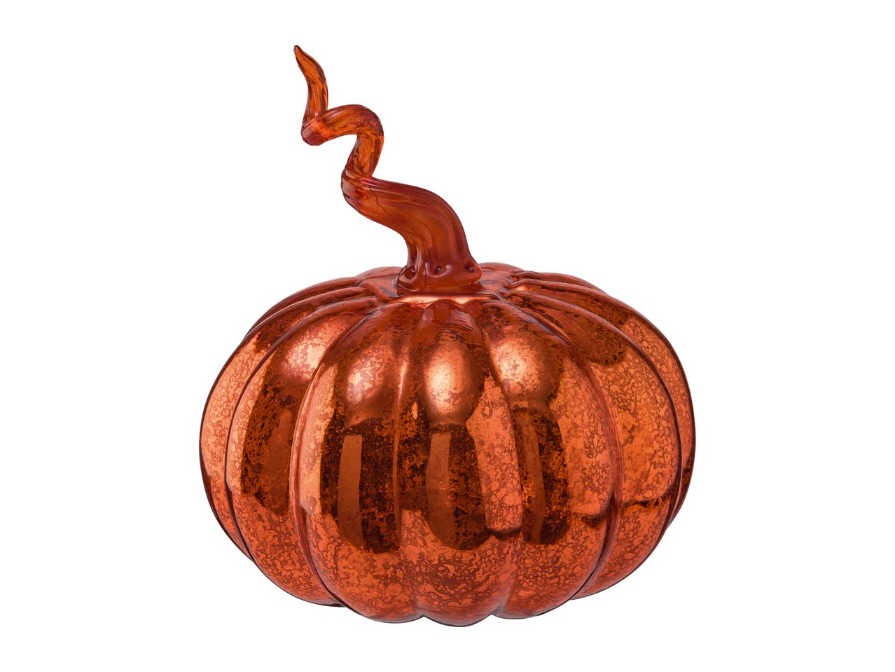 A shiny orange glass pumpkin with a curled stem.