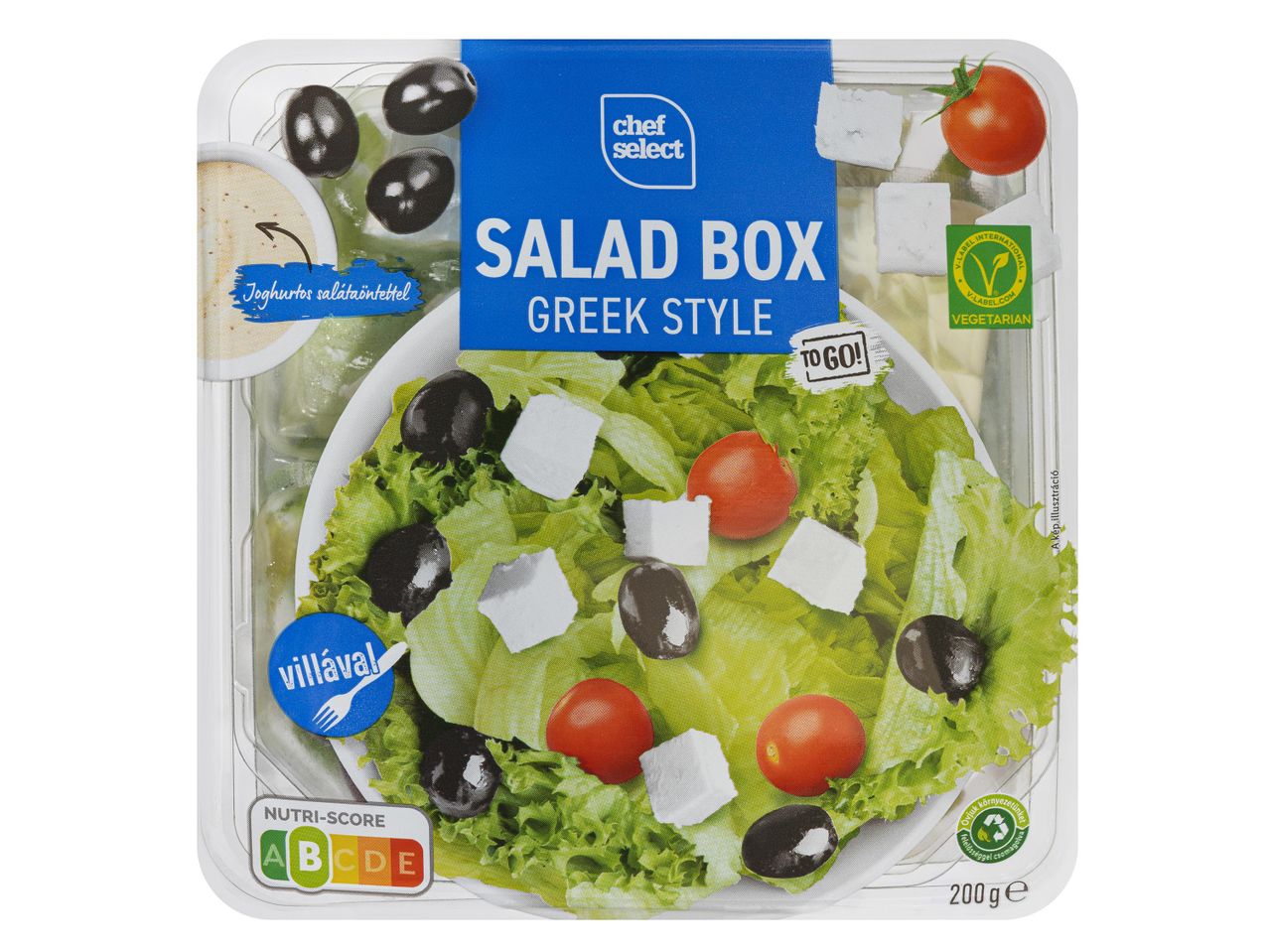 Chef Select görög stílusú salátatál joghurtos öntettel és villával.