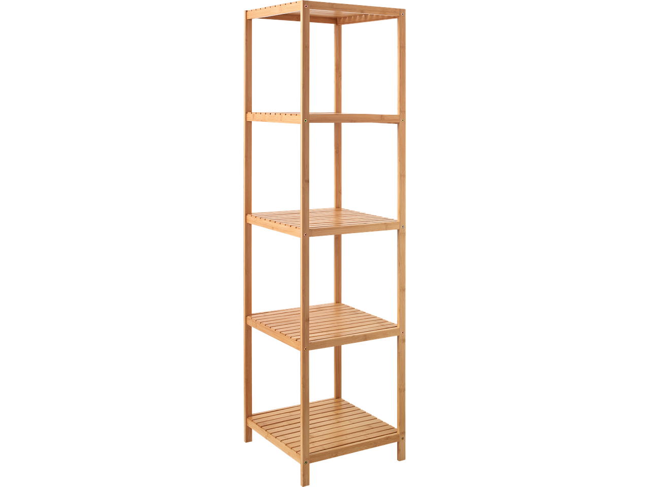 En hög, fyrkantig hylla i bambu med fyra hyllplan.