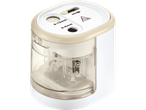 A beige and white electric pencil sharpener with two sharpening holes.