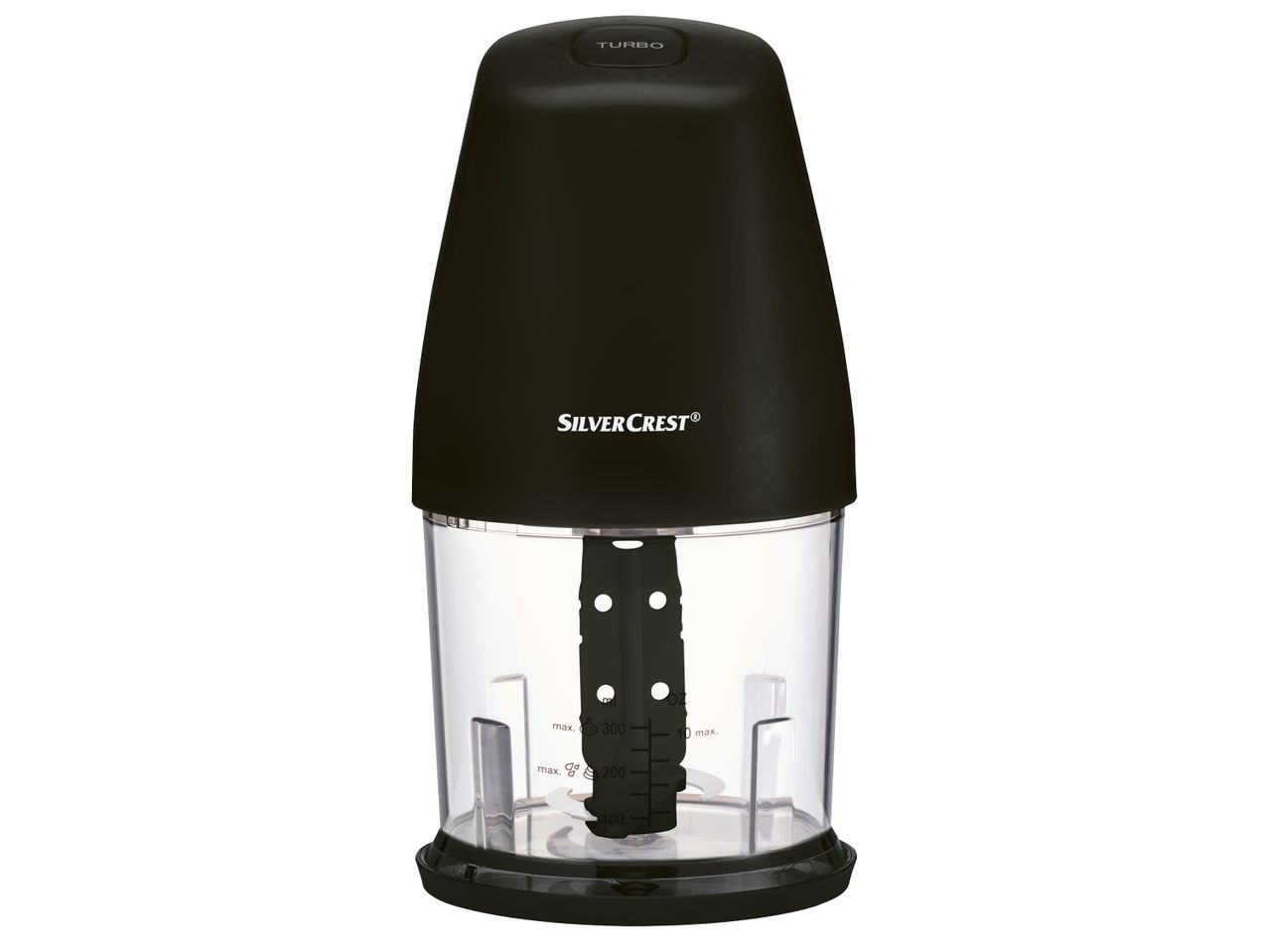 Черен мултифункционален чопър Silvercrest® Kitchen Tools с прозрачна купа за смесване.
