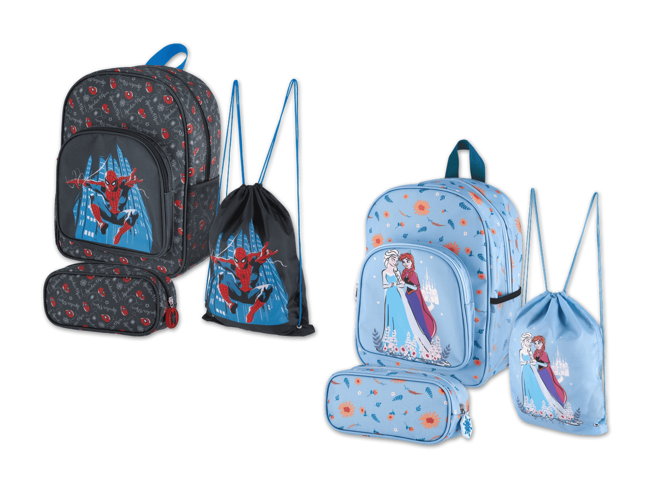 Spider-Man und Frozen Kinder-Rucksäcke mit passenden Sportbeuteln und Etuis.