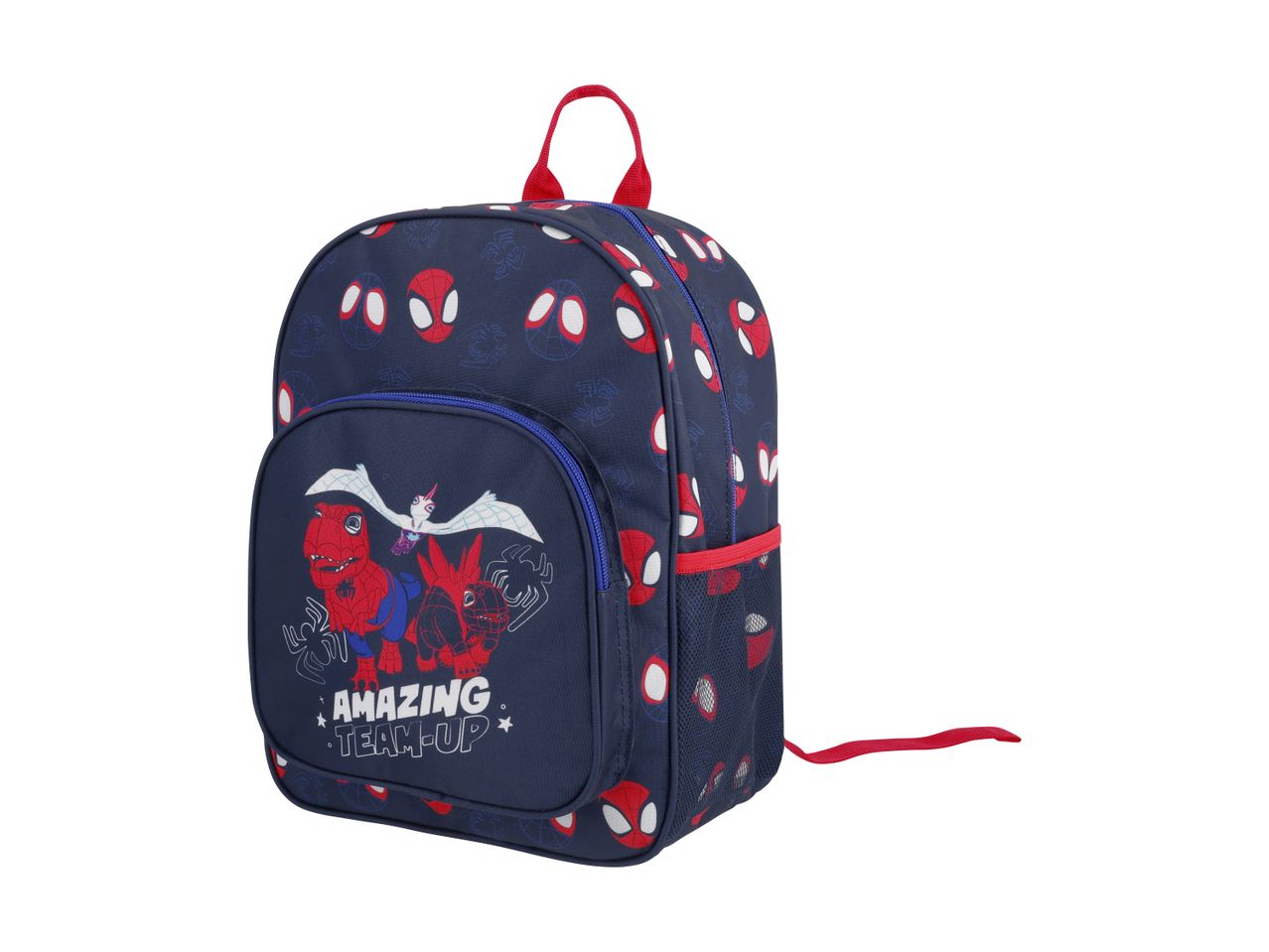 Blue children's backpack with Spider-Man faces and a graphic of dinosaur-like characters with the text 'AMAZING TEAM-UP'.