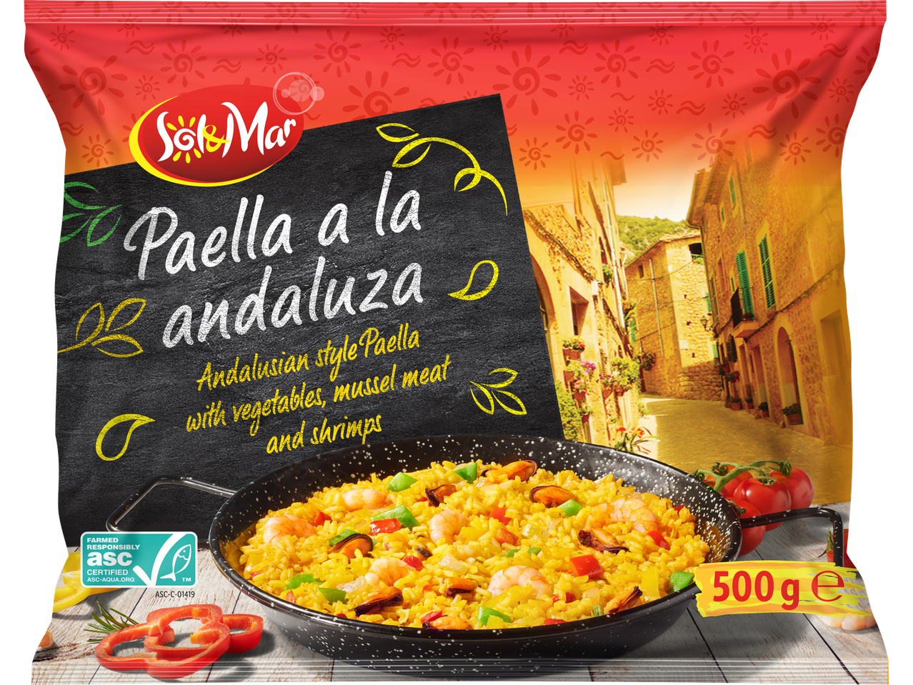 Förpackning med andalusisk paella med grönsaker, musselkött och räkor, 500g.