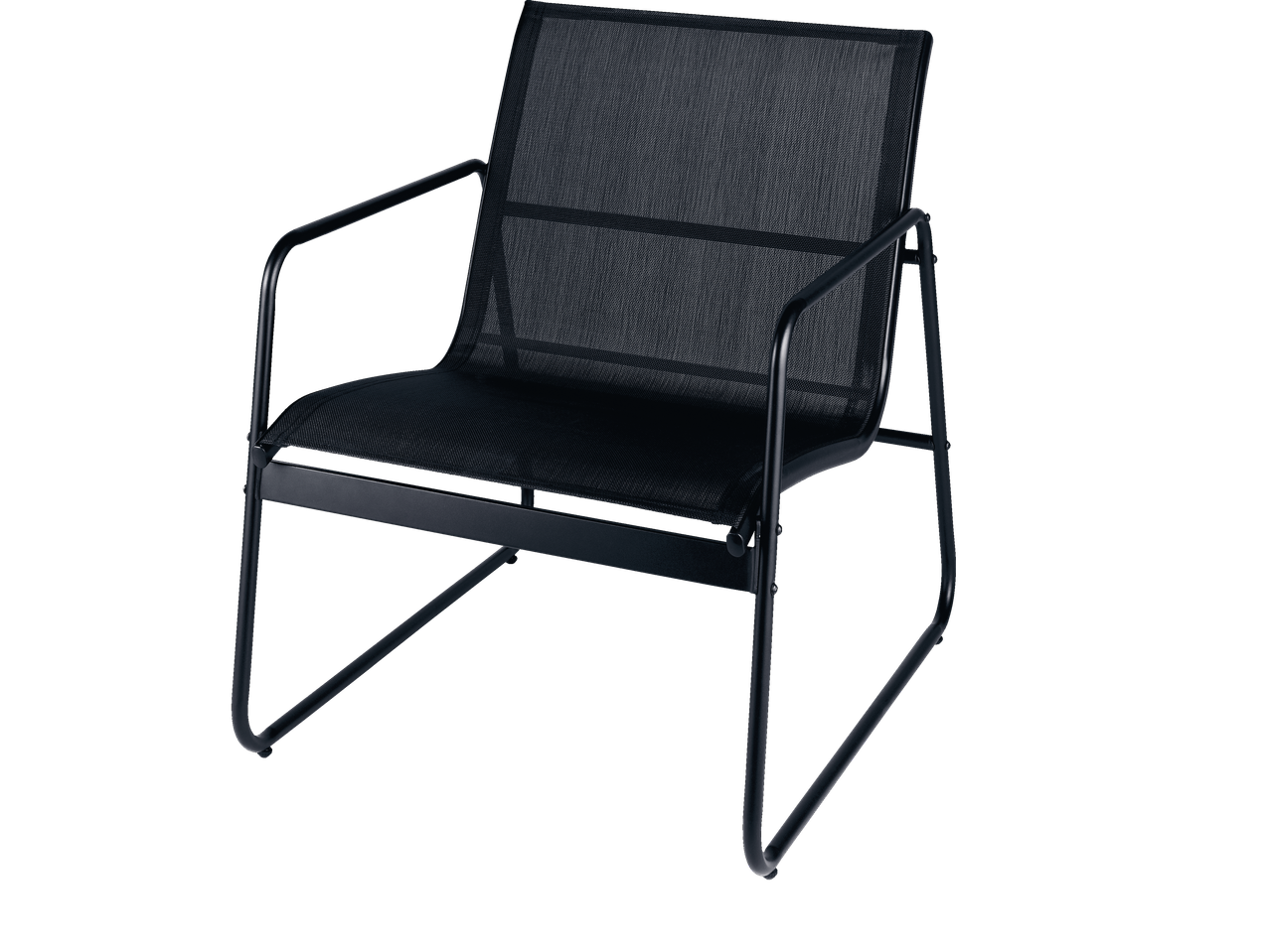 Crna baštenska stolica sa metalnim okvirom i sedištem i naslonom od tekstilne mreže