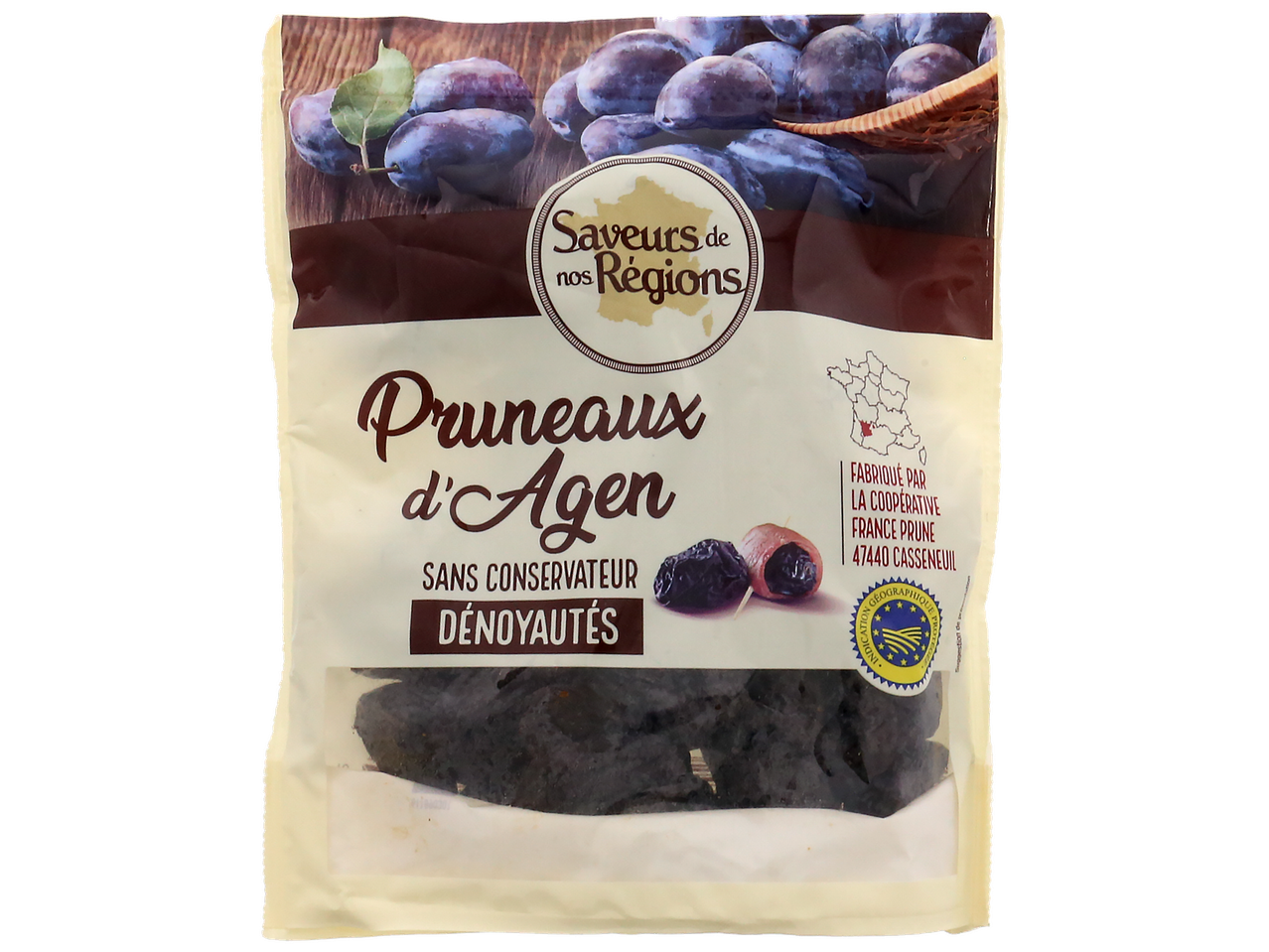 Sachet de pruneaux d'Agen dénoyautés, sans conservateur, avec le logo 'Saveurs de nos Régions'.