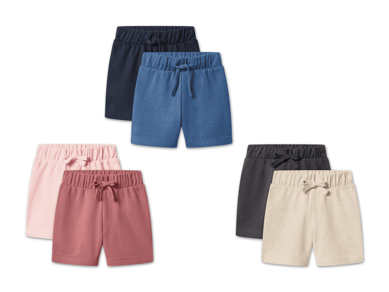Drei Sets aus je zwei Shorts in Blau, Rosa und Grau