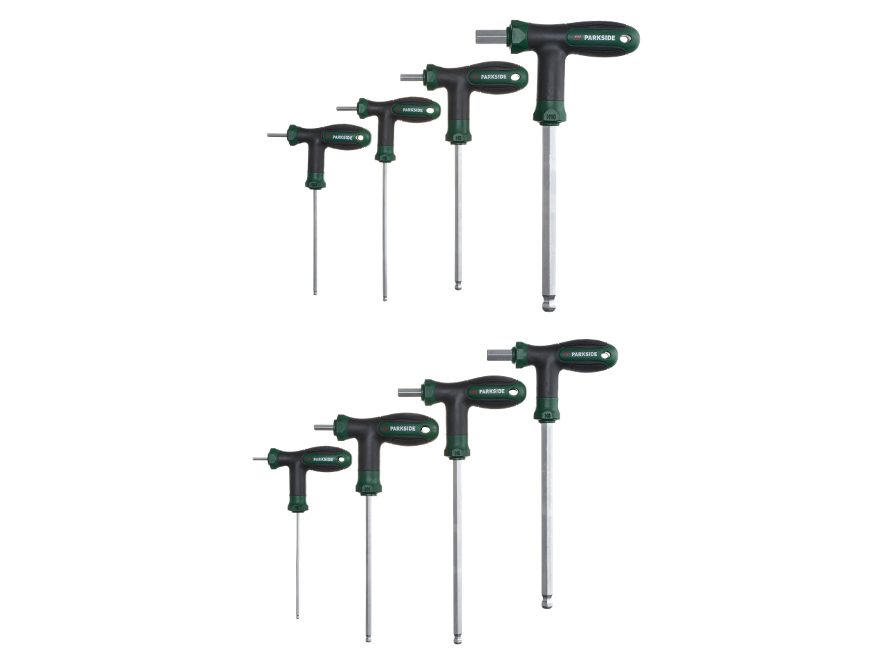 Set de chei hexagonale Parkside cu mâner în T, în diverse mărimi, cu capete sferice.