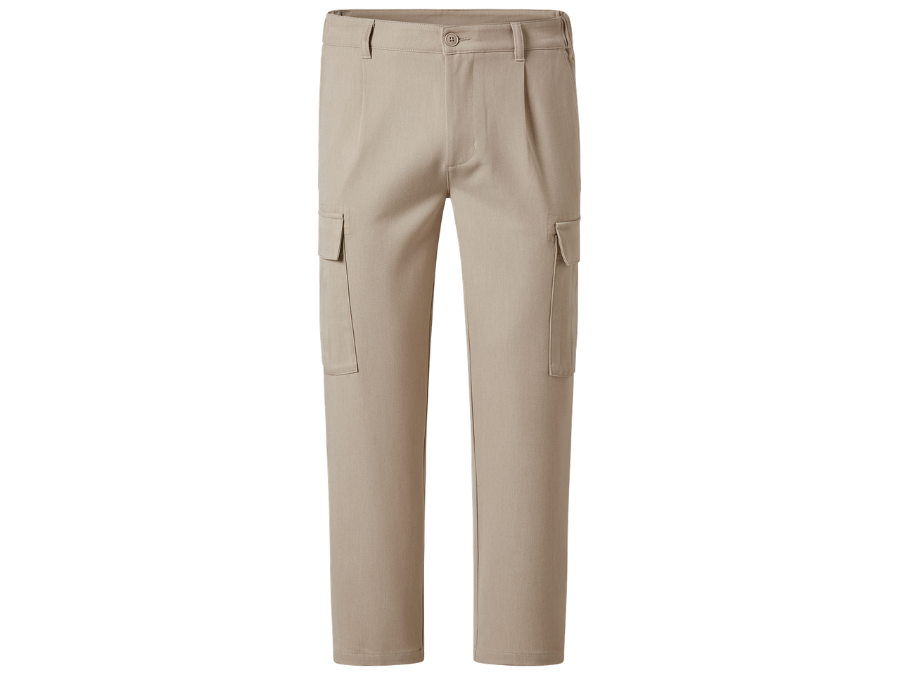 Pantalon cargo beige pour homme avec poches latérales et bouton à la taille.