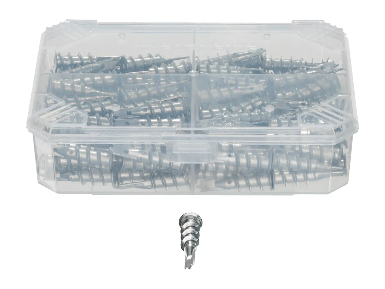 A clear plastic box filled with metal drywall anchors, with one anchor shown separately below.