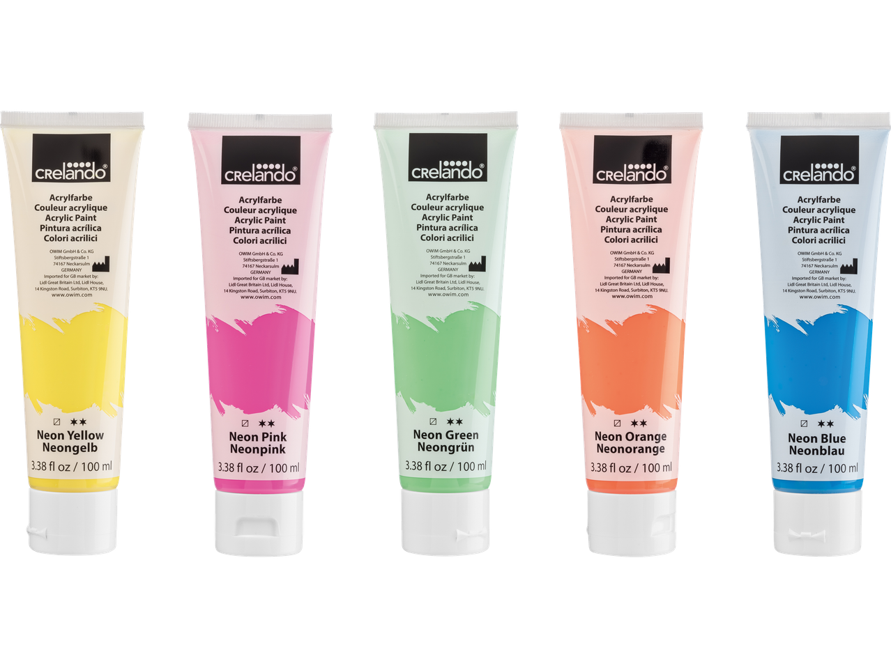 Crelando Neon Acrylic Paints in yellow, pink, green, orange, and blue, 100ml each.