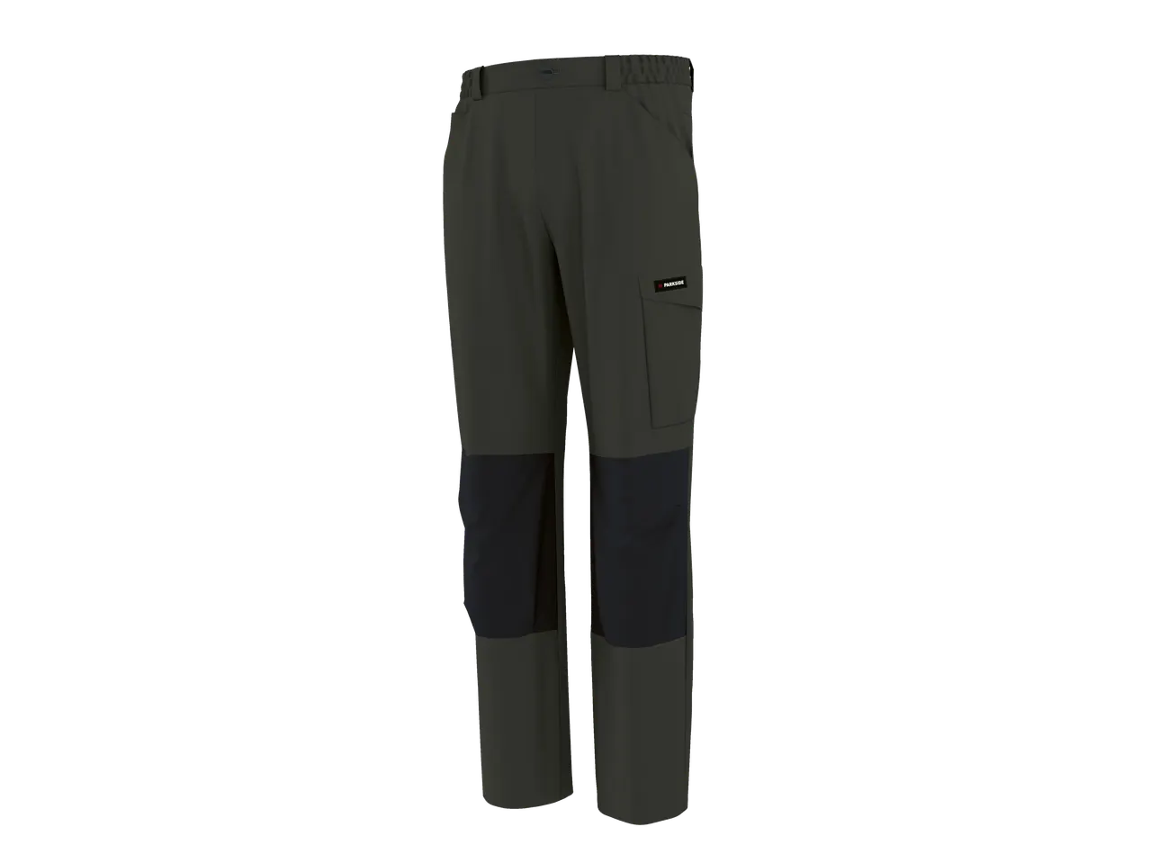 Dark grey work trousers with black knee patches and a side pocket.