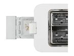 Close-up of a white LED light fixture with a connected power cable.
