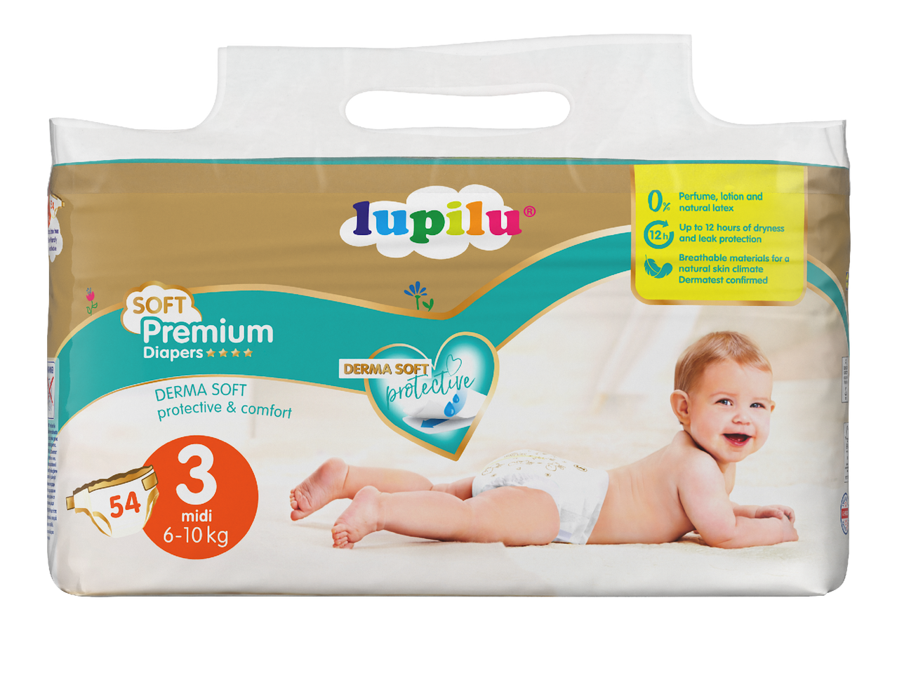 Опаковка пелени за бебета с надпис „Soft Premium Diapers“, размер 3 (6-10 кг), 54 броя.