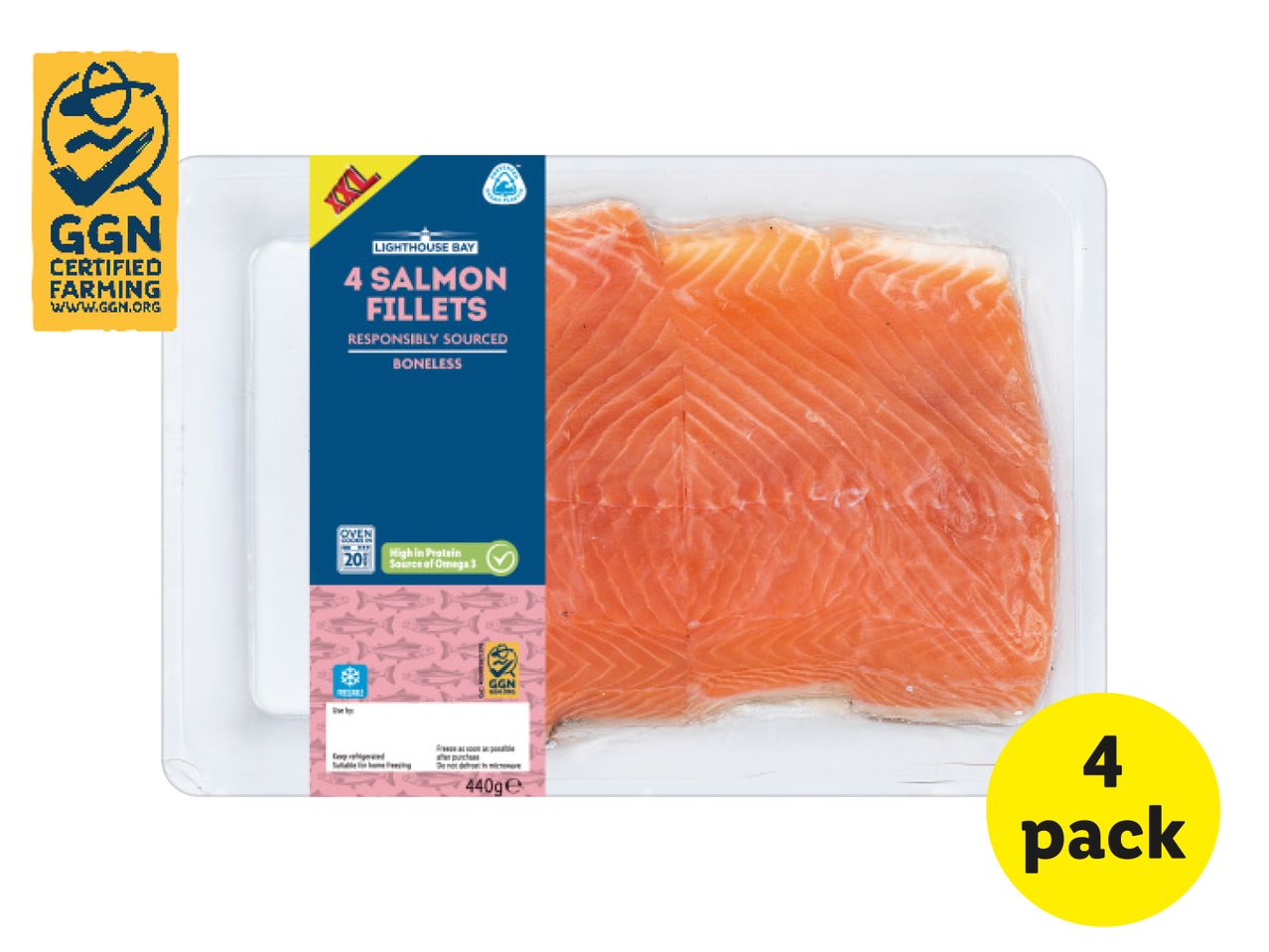 Lighthouse Bay 4 Salmon Fillets, 440g, responsibly sourced, boneless.