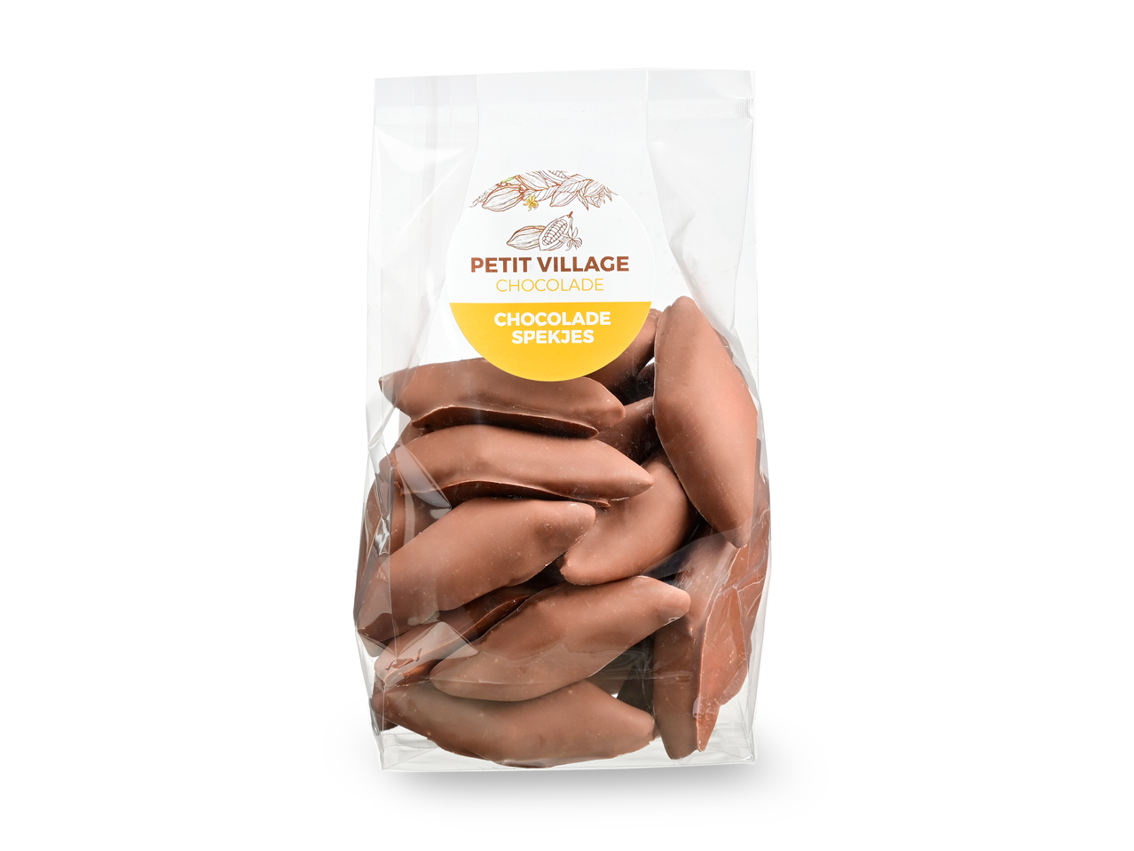 Een transparante zak gevuld met chocolade spekjes, met een geel etiket met de tekst 'Chocolade Spekjes'.