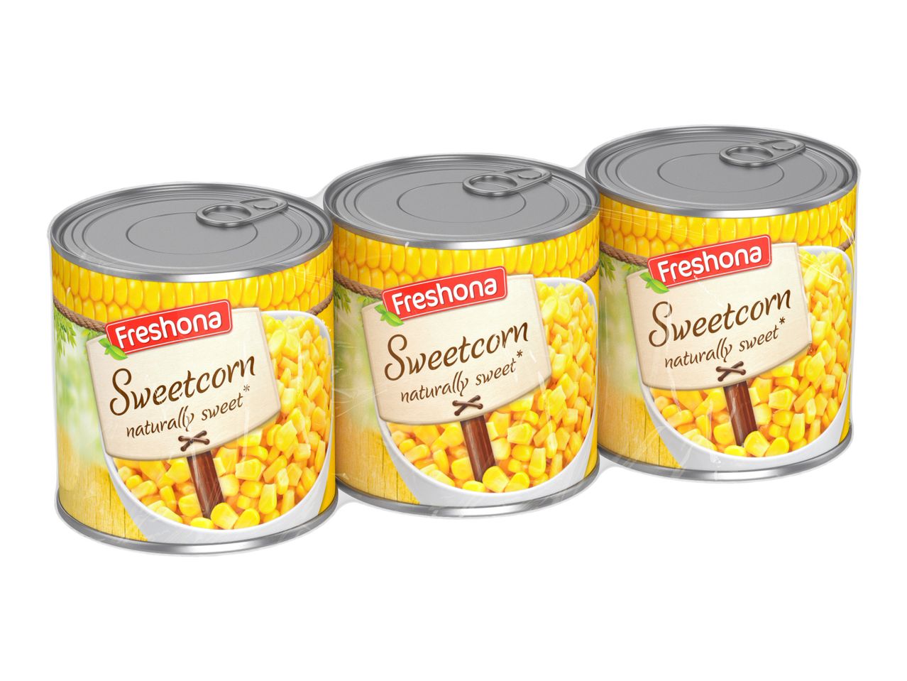 Three cans of sweetcorn, labeled 'Sweetcorn naturally sweet' with a corn kernel background.
