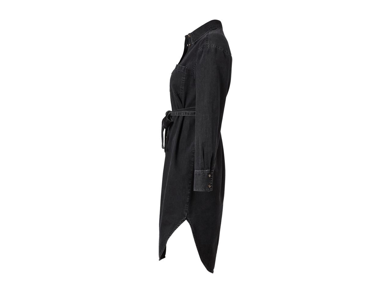 Black denim shirt dress with a tie waist, side view.